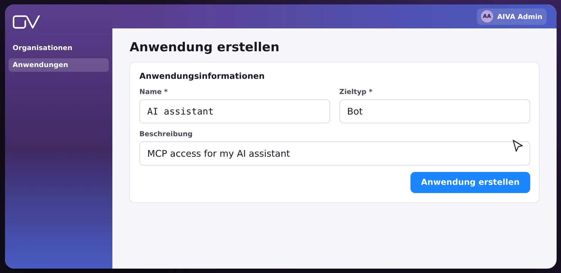 Formular zum Erstellen einer Anwendung: Name und Zieltyp