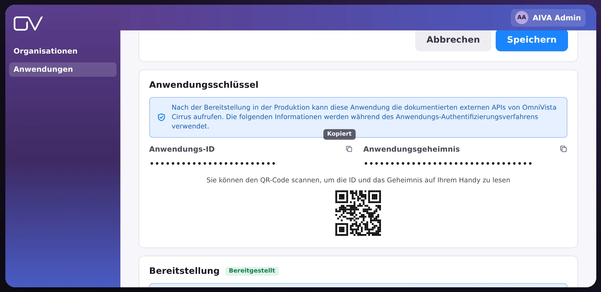 Anwendungsschlüssel: Anwendungs-ID und Anwendungsgeheimnis, jeweils mit Kopierschaltfläche