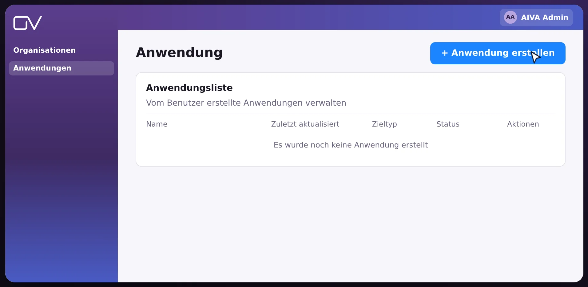 Anwendungsliste mit der Schaltfläche zum Erstellen