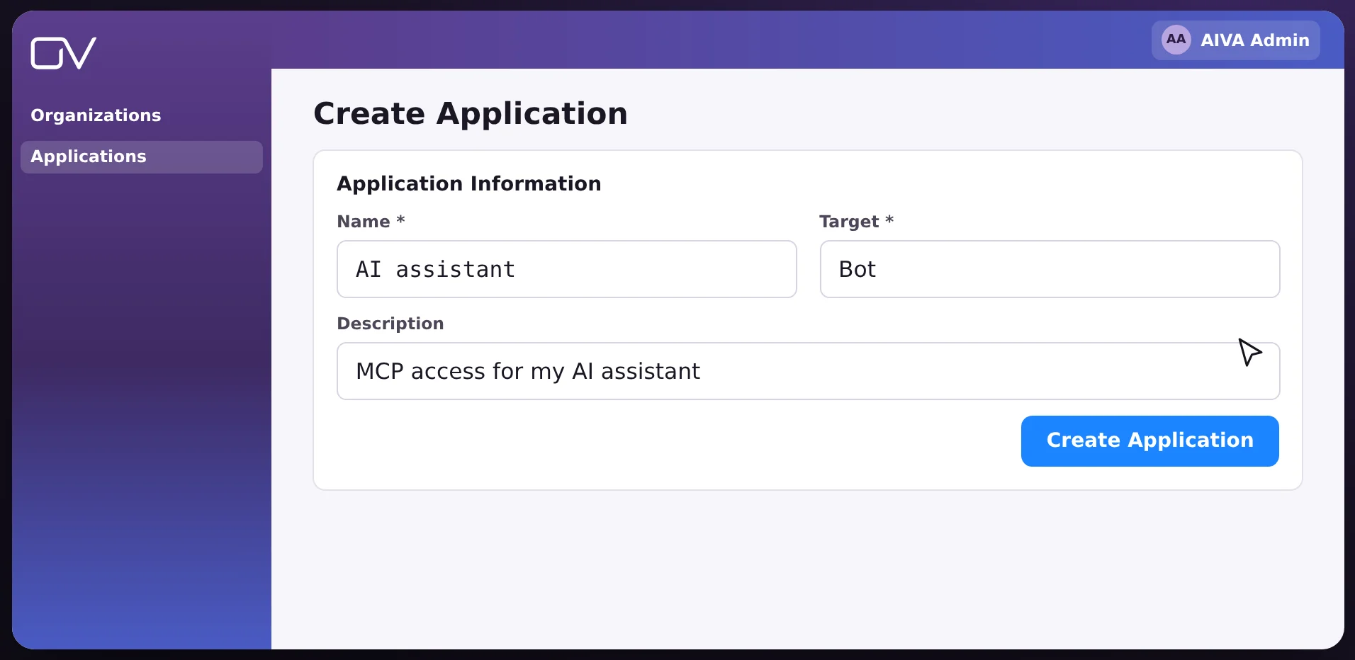 Form that creates an application: name and target