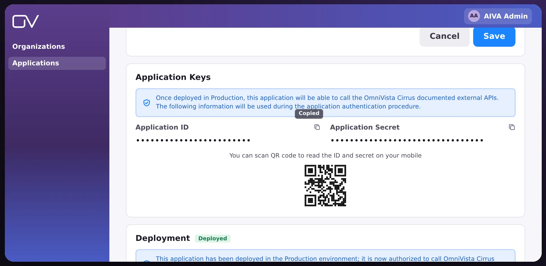 Application Keys: Application ID and Application Secret, each with its copy button