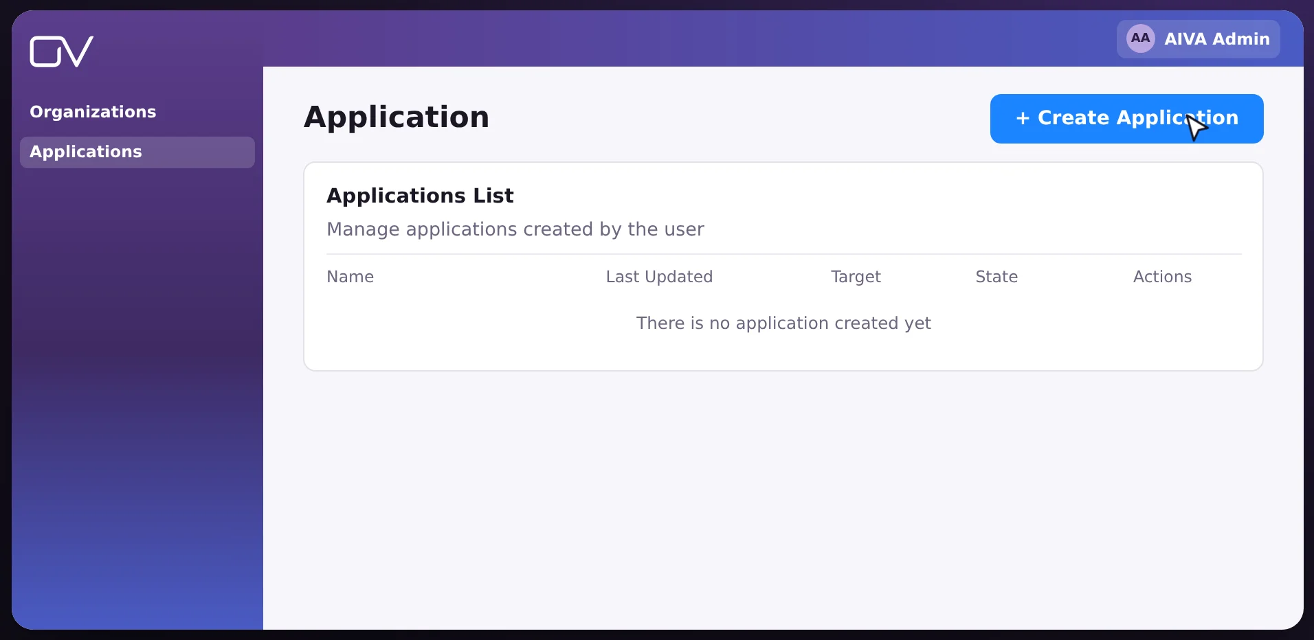 Applications List, with the button that creates an application