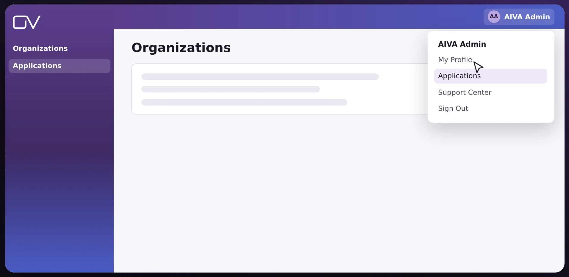 OmniVista Cirrus user menu, with Applications