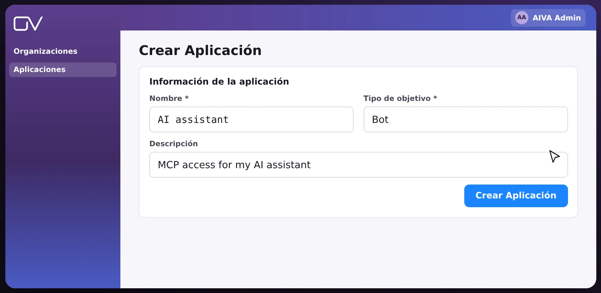 Formulario de creación de una aplicación: nombre y tipo de objetivo