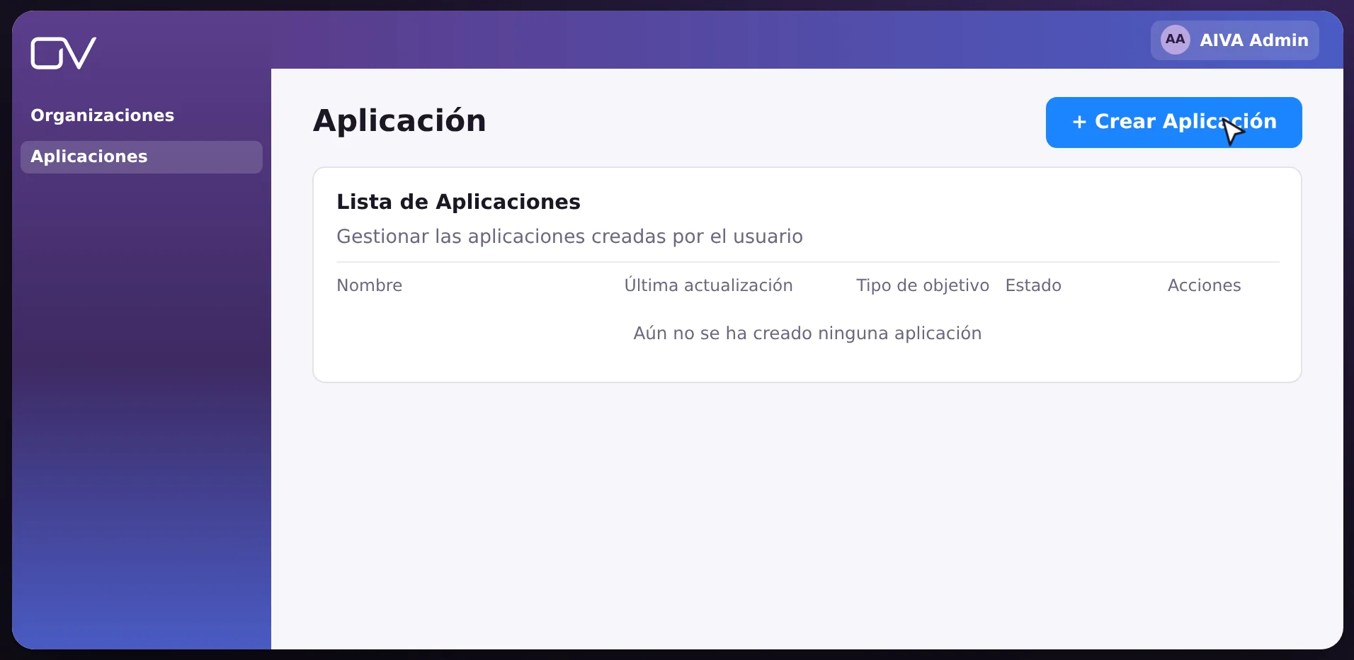 Lista de Aplicaciones, con el botón de creación