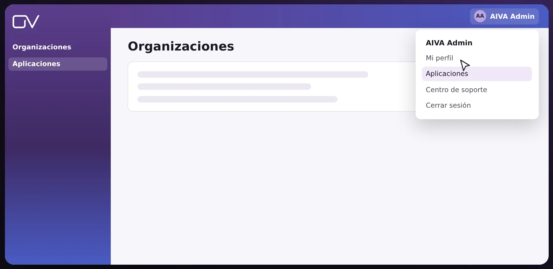 Menú de usuario de OmniVista Cirrus, con Aplicaciones