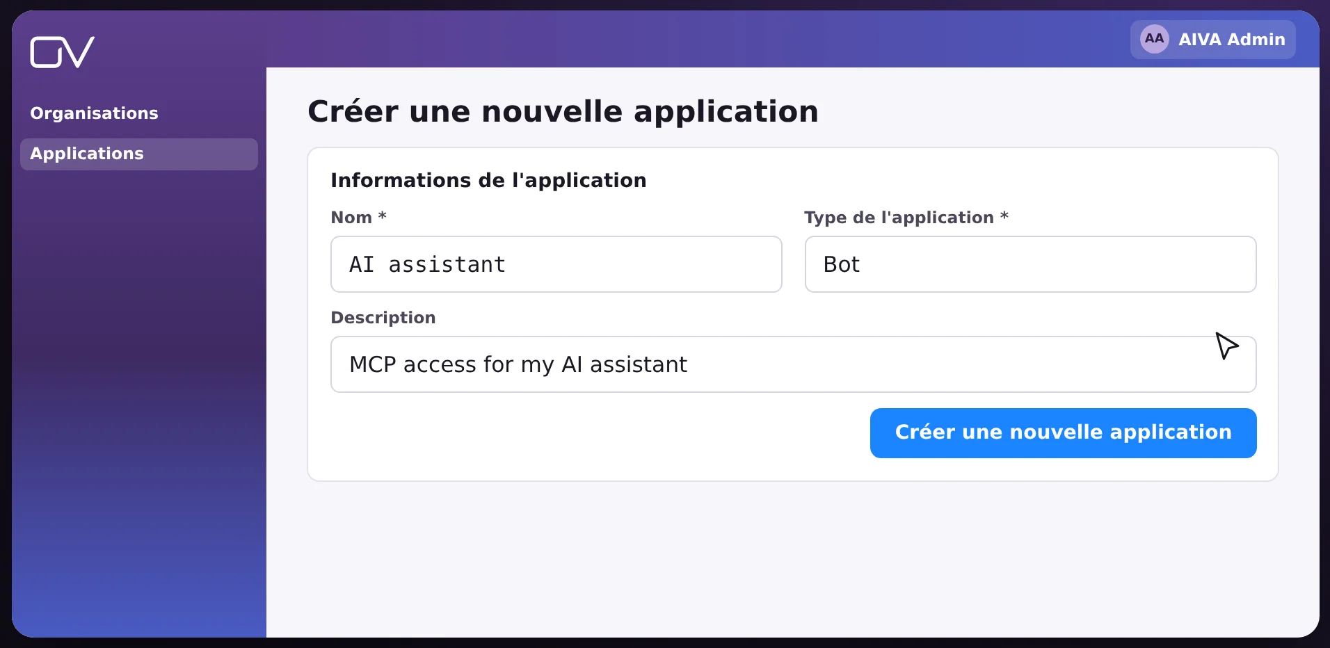 Formulaire de création d’une application : nom et type