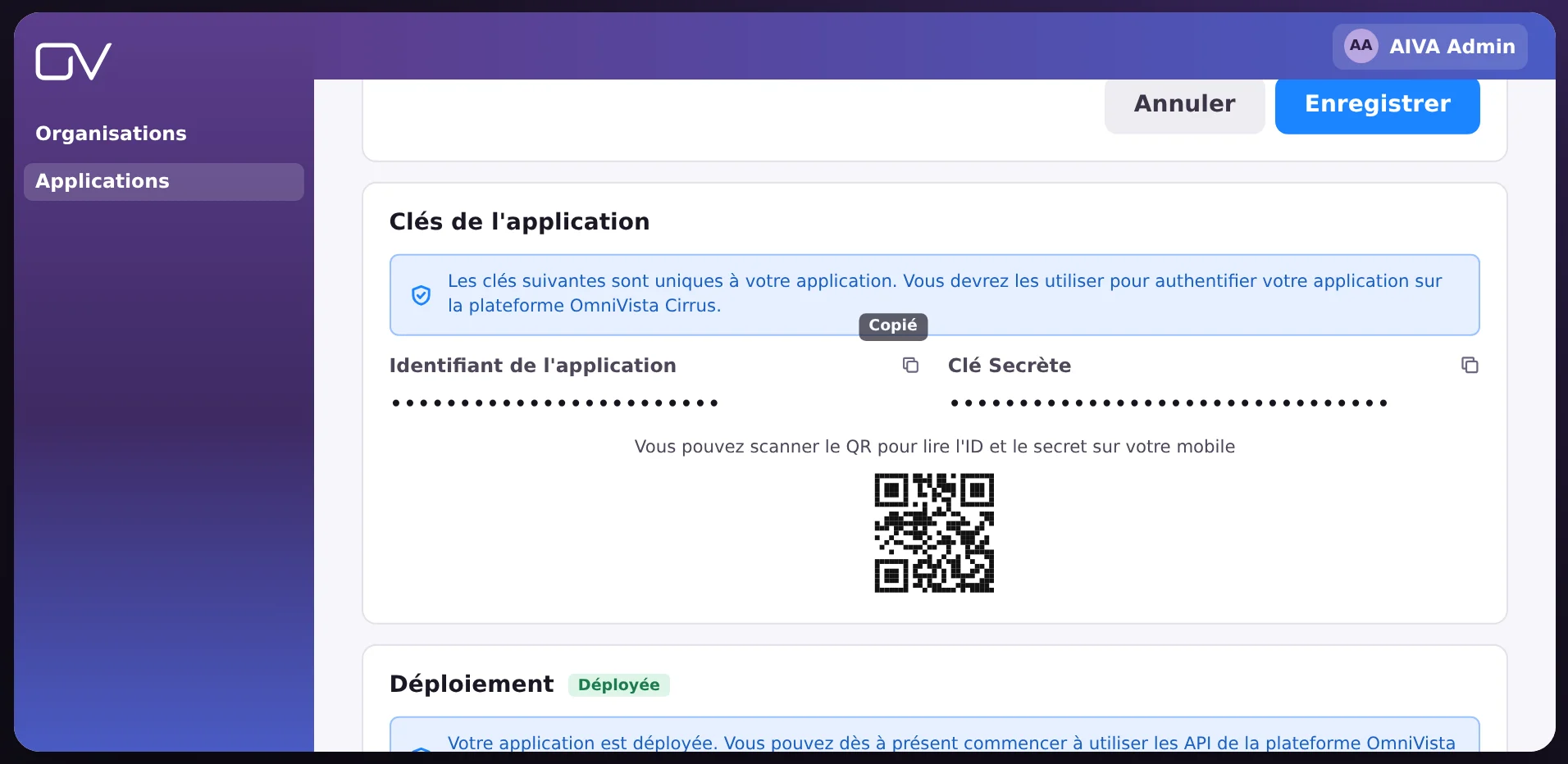 Clés de l’application : identifiant et clé secrète, chacun avec son bouton de copie