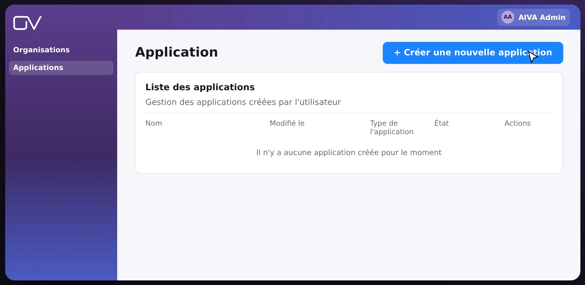 Liste des applications, avec le bouton de création