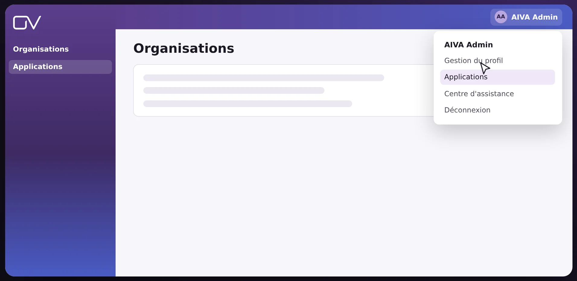 Menu utilisateur d’OmniVista Cirrus, avec Applications